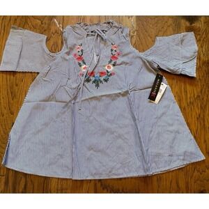 Melanie K Womens Embroidered Floral Front Striped Blouse Black White Tie Neck